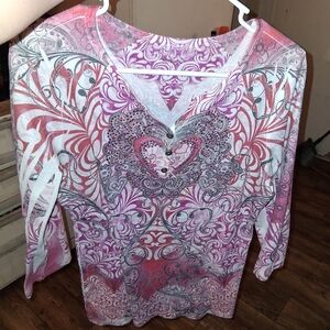 Ruby Rd. Pink and Gray Floral Blouse
